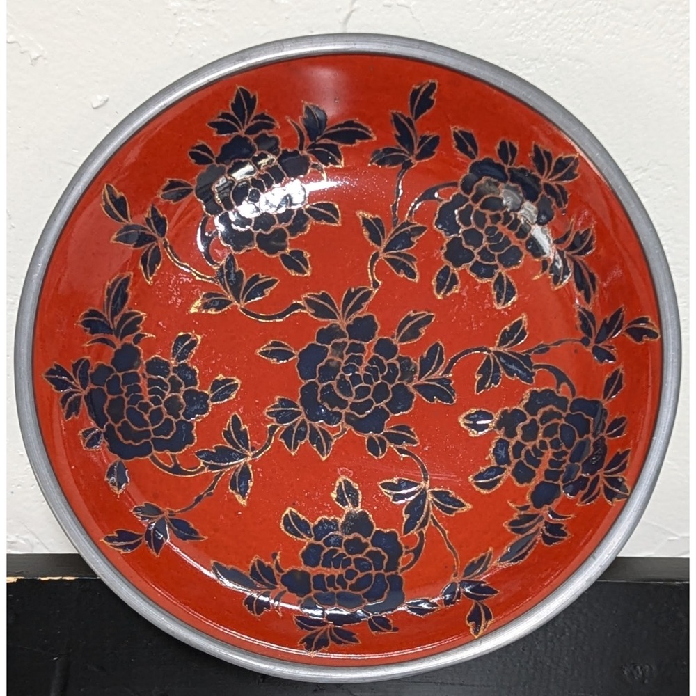Stunning ACF Hong‎ Kong Pewter Encased Cloisonne Porcelain Bowl 9.5" Blue/Orange